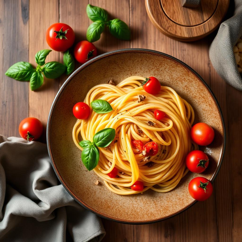 A bowl of fresh pasta with basil and tomatoes