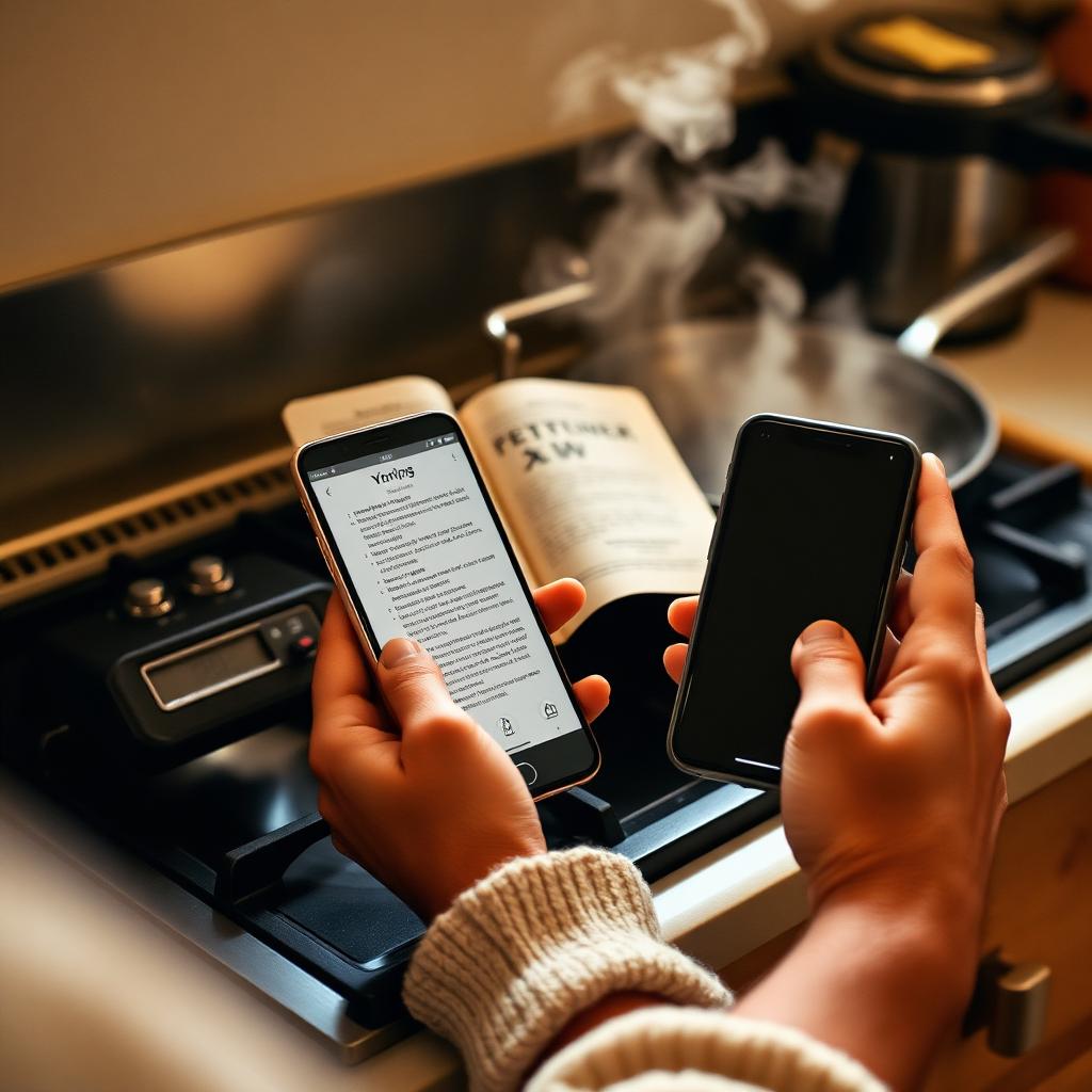 Hands cooking on a stove with a phone showing a recipe