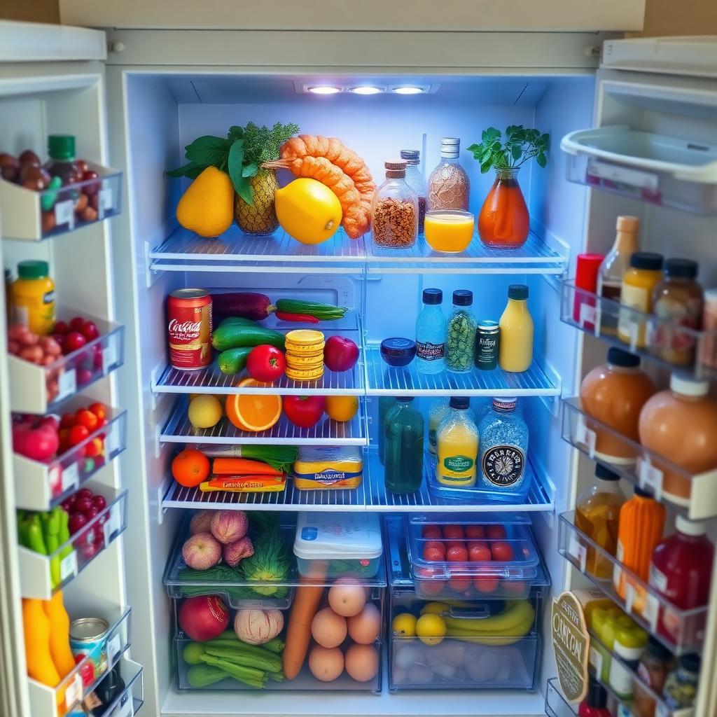 An open fridge full of fresh groceries being scanned