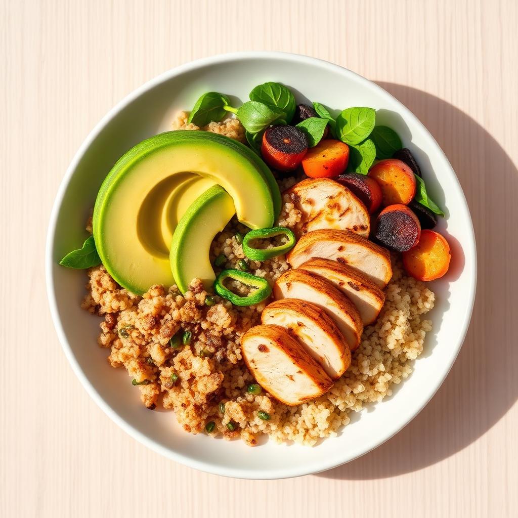 A balanced healthy grain bowl with chicken and vegetables
