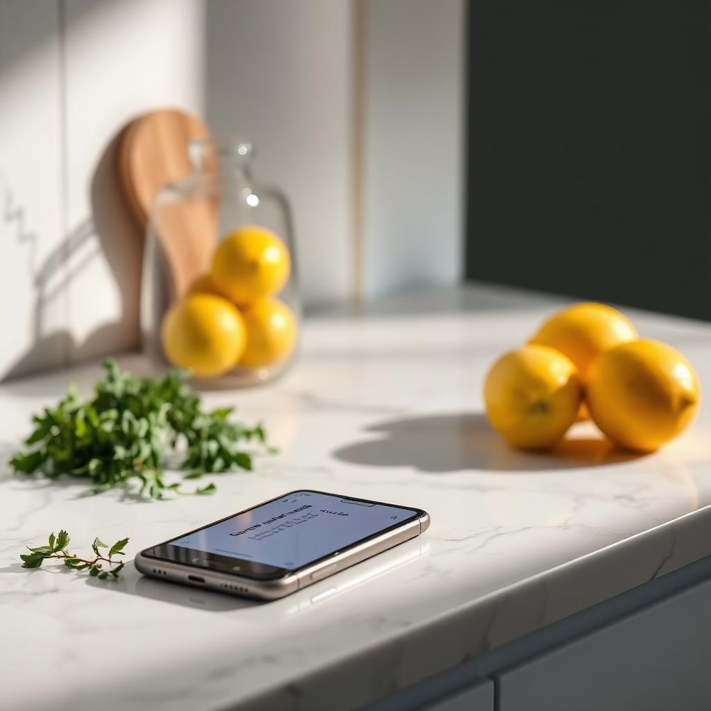 A phone on a kitchen counter with a notification and fresh lemons
