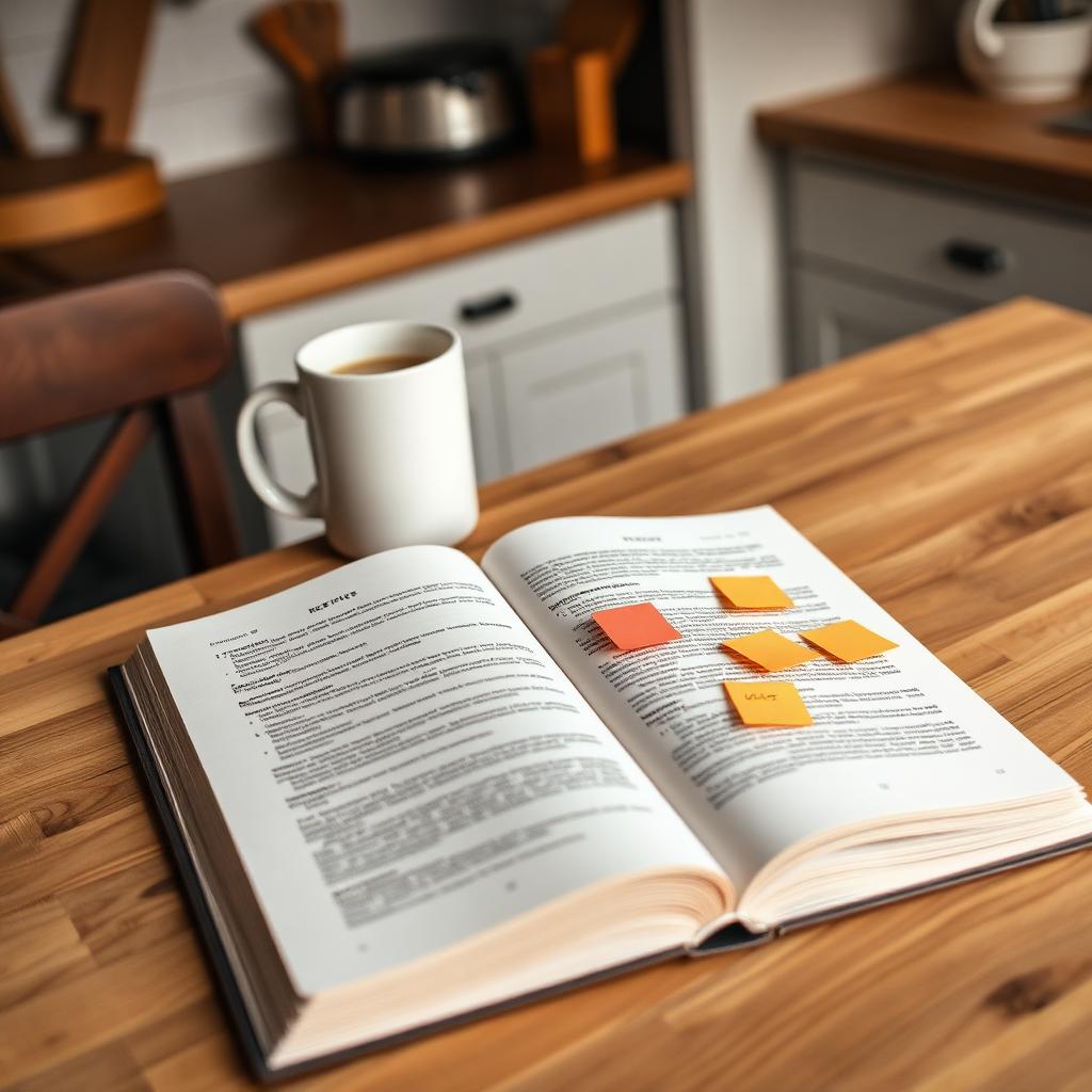 An open recipe book on a kitchen table with sticky notes and a coffee mug