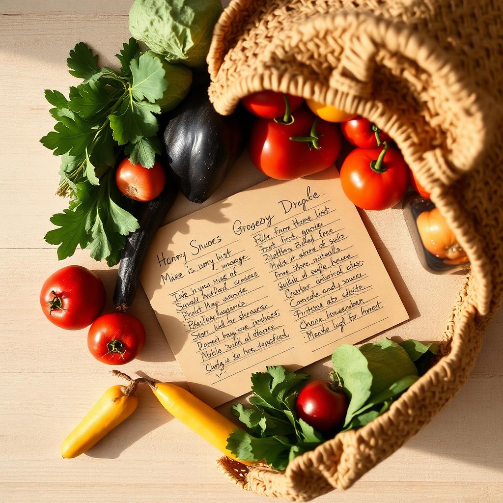 A handwritten grocery list next to a market bag of fresh produce
